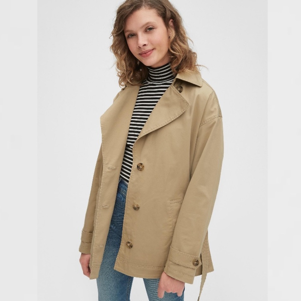 🆕 GAP Khaki Coat with Waist Tie Belt. Cotton - Spandex Made (NWOT) - Picture 2 of 13